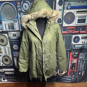 GAP Sherpa Army Green Lined Parka Coat w/ Hood Fleece Lining Size Small